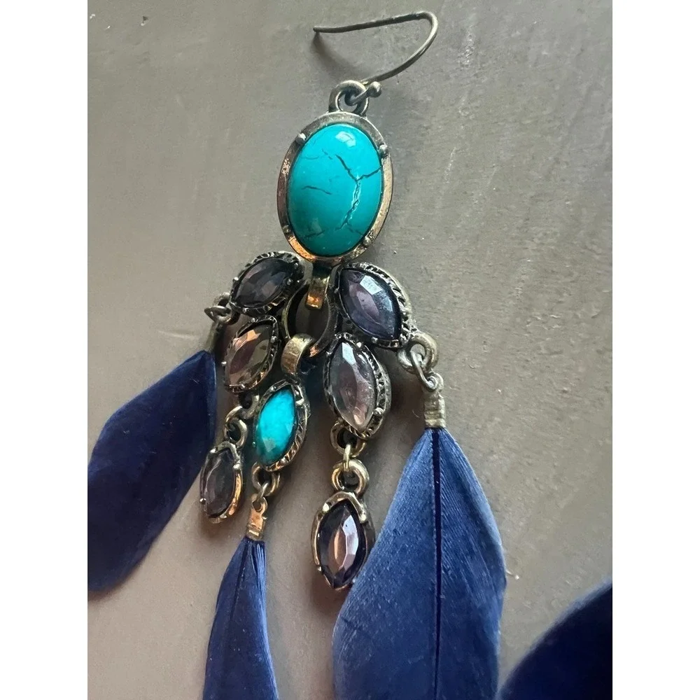 Boho Western Feather Earrings Turquoise Look Stone Chandelier Dangle‎ Cowgirl